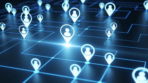 A grid of interconnected lines of blue light connecting dots that have icons of people floating above the dots