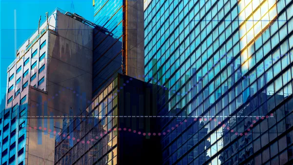 A view of several high rise buildings reflecting the sunlight with a chart of dots overlaid on top