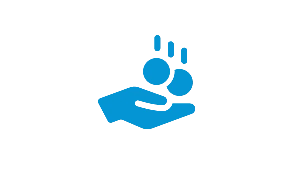 A graphic of a blue hand holding two globes with lines floating up from them