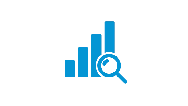 A graphic of a bar graph with a magnifying glass examining it