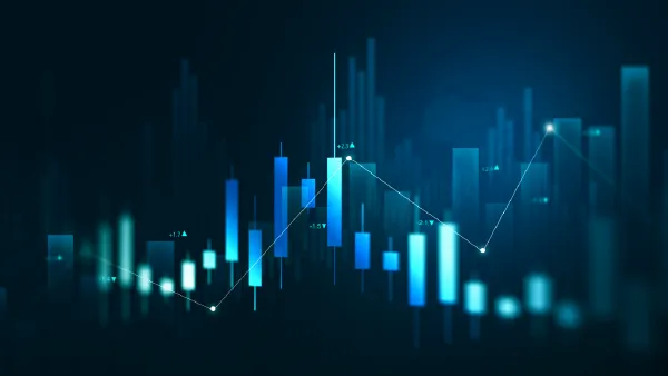 A graphic of blue bar and lines graphs stacks artistically on a black background