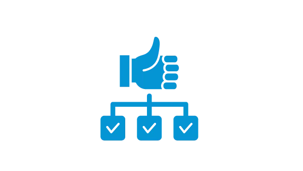A blue graphic of a hand giving a thumbs up above a flowchart of 3 choices each with a checkmark showing completion