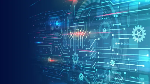 A blue graphic with symbols of gears and circuits and other technological imagery