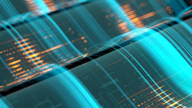 A graphical image showing circuits and lights on a wavey background like an ocean of technology and light