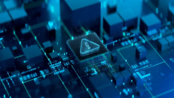 A graphic showing a circuit board with a triangle warning symbol indicating caution