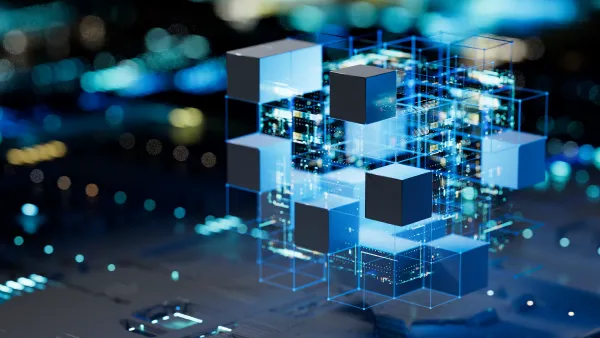 A graphic showing floating glowing cubes being pieced together by a simulation controlled by artificial intelligence