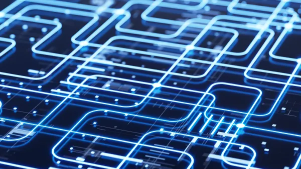 A graphic showing circuit patterns and grids on a blue background