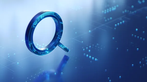 A graphic showing a glowing blue magnifying glass above a pattern of glowing lines reminiscent of a circuit board