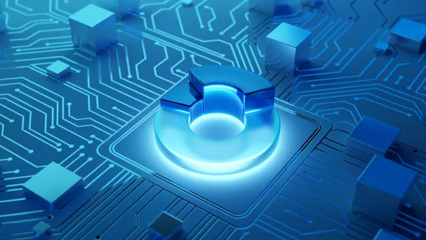 A graphic showing IT symbology and patterns on a blue background