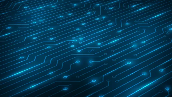 A graphic showing a glowing blue circuit board on a dark background, angled to the left