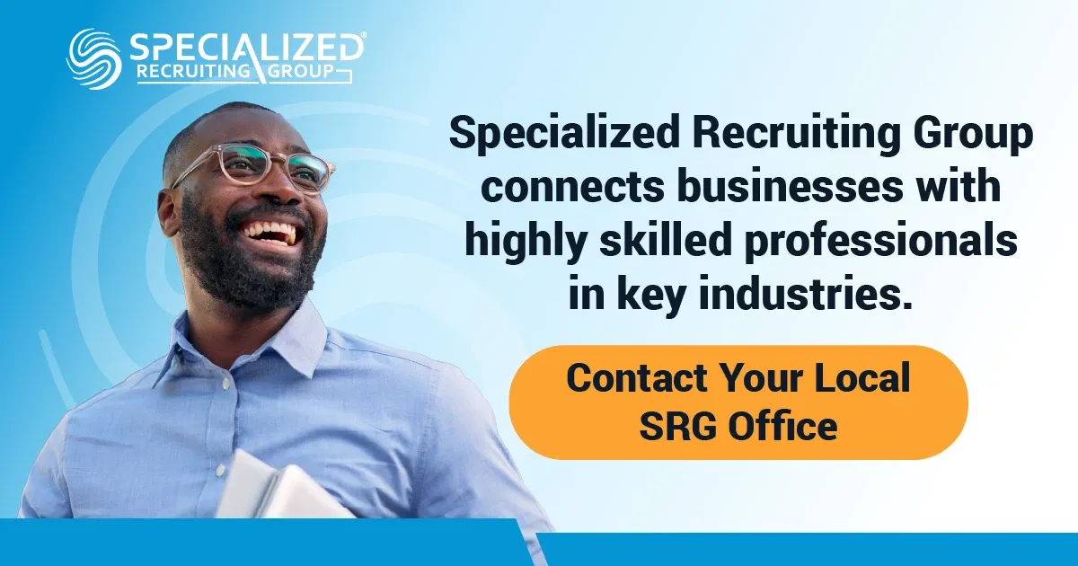Photo advertisement with Specialized Recruiting Group logo. Person wearing glasses and a light blue button-down shirt holding documents. Text: “SPECIALIZED RECRUITING GROUP” and “Specialized Recruiting Group connects businesses with highly skilled professionals in key industries.” Button text: “Contact Your Local SRG Office”.