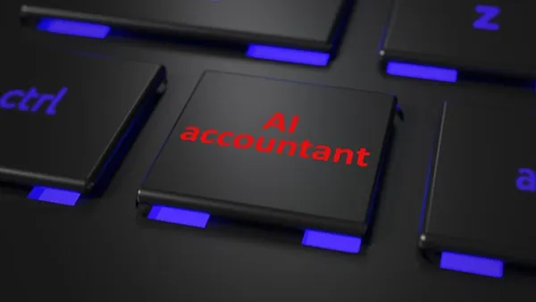 Close-up of a black computer keyboard featuring a key labeled “AI accountant” in bright red text, surrounded by other keys illuminated with blue light.
