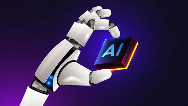 A robotic hand holding a glowing cube labeled “AI” against a dark, futuristic background.