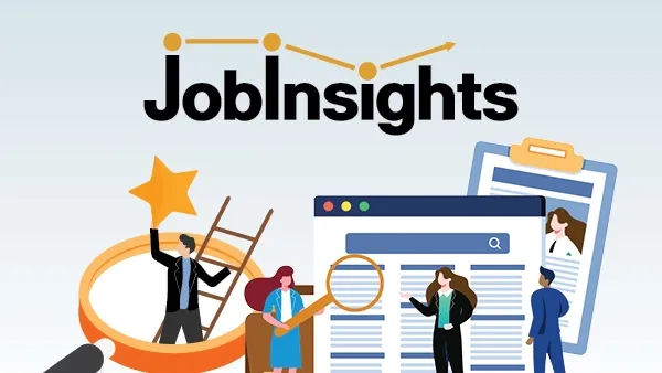 JobInsights infographic with a rising line chart and small illustrations of people doing job‑related tasks.
