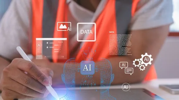 Engineer analyzing big data and digital analytics on tablet with futuristic interface overlay representing data science, AI, cloud computing, IoT, smart industry, and digital transformation.