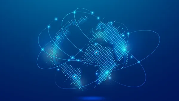 Illustration of a connected global network representing enterprise technology platforms such as SAP, Workday, Oracle, and Salesforce that power modern business operations and digital transformation.