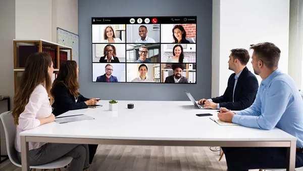 Five people meet in a conference room while a video call with nine remote participants plays on a large screen.