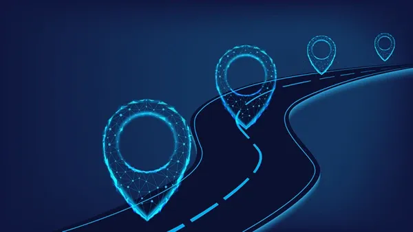 Illustration of a winding road with glowing blue location pins, representing a career path, roadmap, or professional journey.