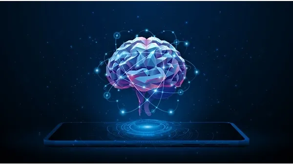 Digital glowing brain with interconnected network lines hovering above a tablet, representing systems thinking and complex problem-solving in technology.