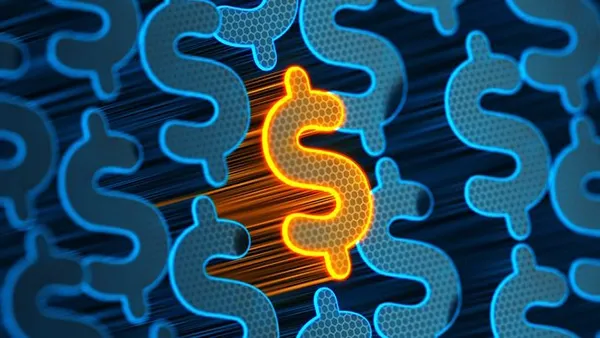 A glowing orange dollar sign stands out among a pattern of blue dollar signs on a dark background, symbolizing financial focus or standout value.