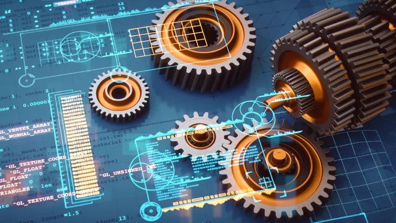 An image with blueprints and spec for a mechanical device floating above various sized gears and sprockets