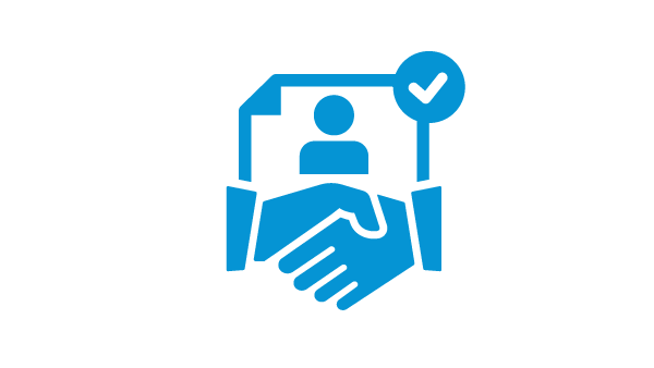 A graphic made of blue lines of two hands shaking in front of a silhouette of a person