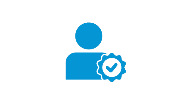 A graphic made of blue lines of a person with a check mark showing approval
