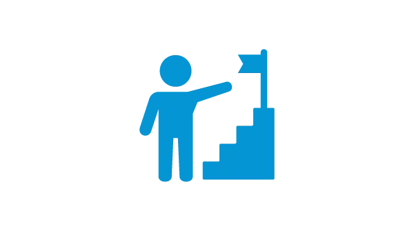 A graphic made of blue lines showing a stick figure person pointing to a flag at the top of a staircase