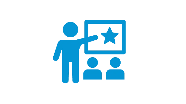 A graphic made of blue lines showing a person teaching several other people using a display and a star on it