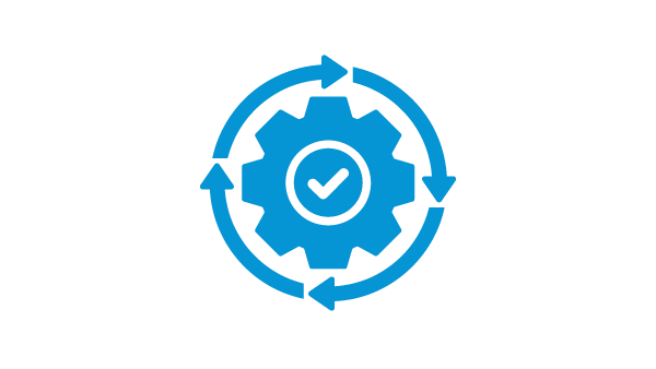 A graphic made of blue lines of a gear with a check mark in the center, and lines surrounding it with arrows pointing in a clockwise direction
