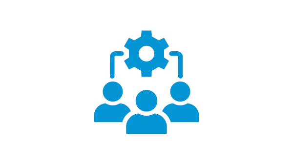 A graphic made of blue lines 3 outlines of people made in blue with lines connecting them to a gear in the sky symbolizing working together