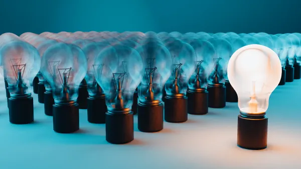 A light light bulb in front of a field of unlit light bulbs as if giving a speech to them
