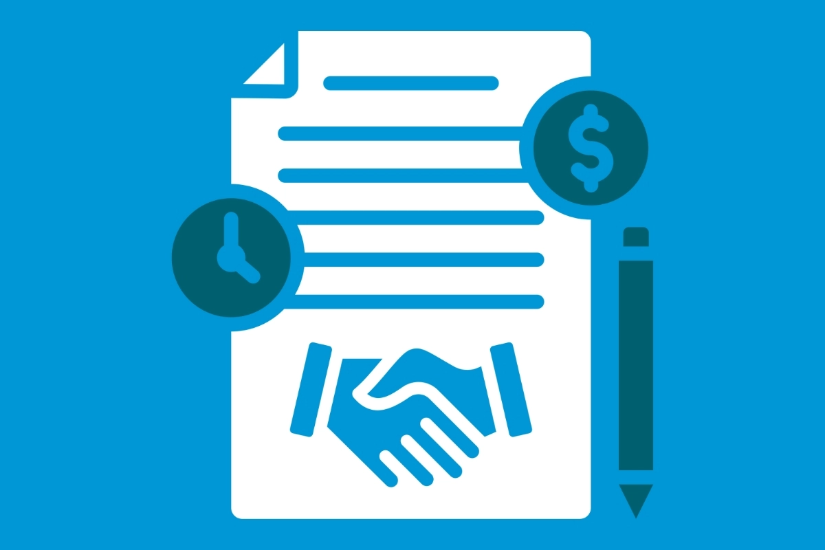 A sheet of paper with a handshake symbol at the bottom, a clock symbol to the left, and a money icon and pencil icon to the right