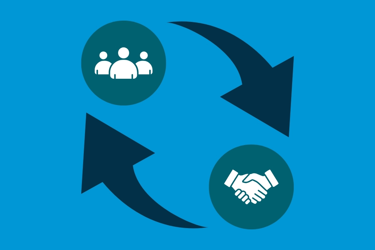 Two icons and two arrows, making up a circle that represents a cycle. One icon shows three people next to each other and the other icon shows a handshake