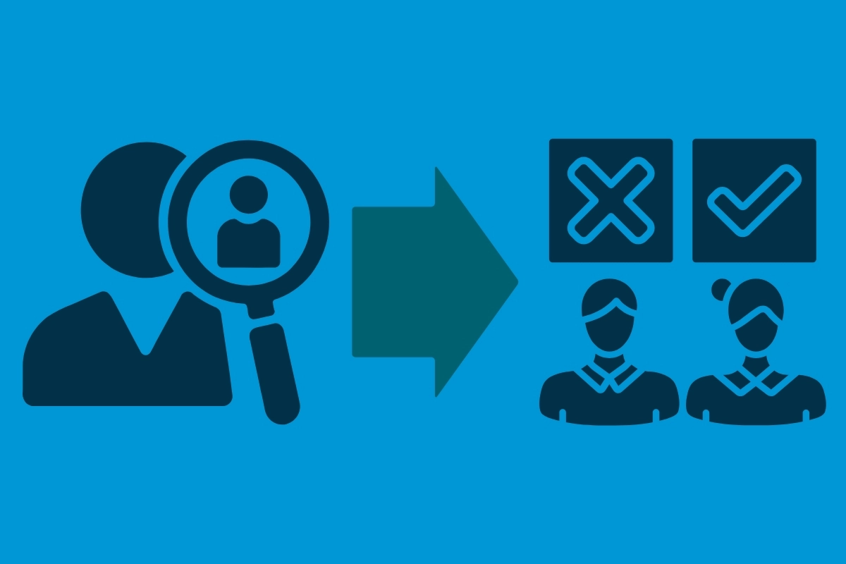 An icon of a person next to a magnifying glass beside an arrow pointing to a group of two people. One of the people has an X icon over their head and the other has a checkmark icon over their head