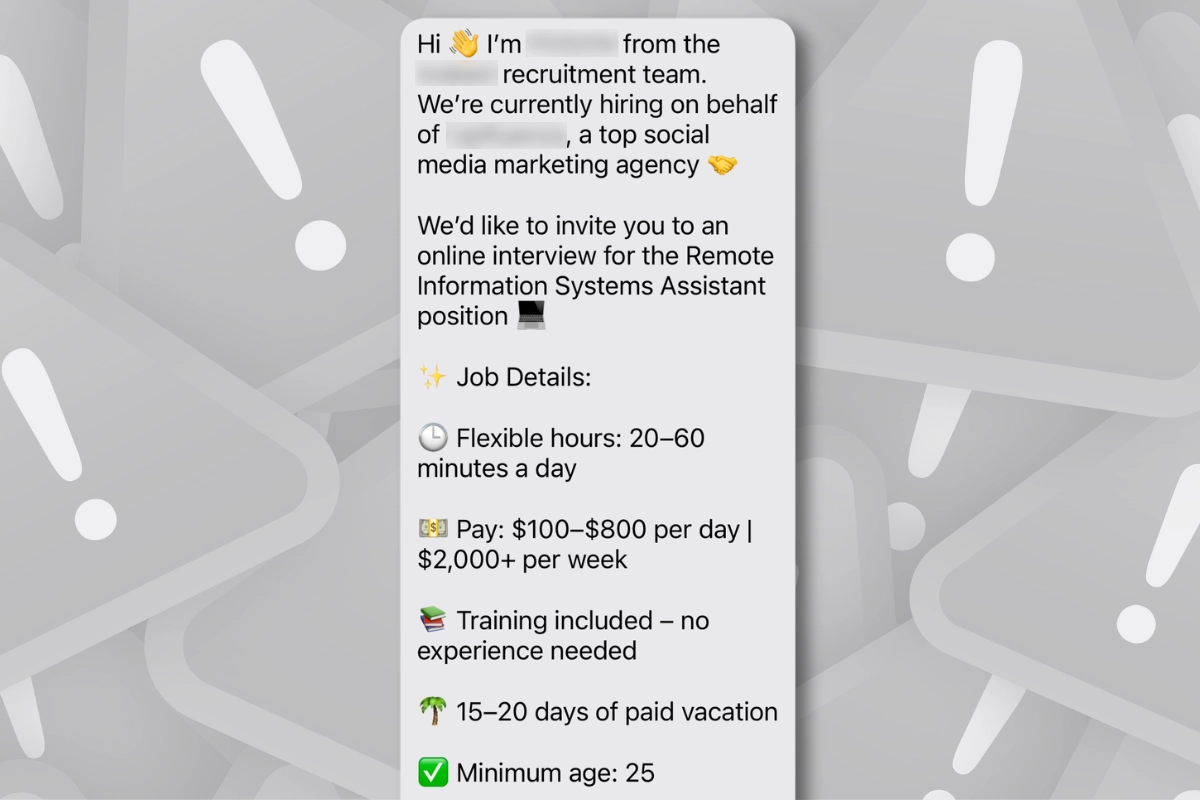 A scam text from someone claiming to be a recruiter with an offer that is too good to be true