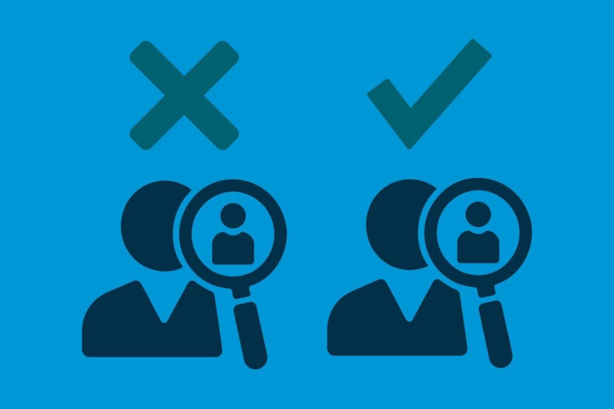 Two identical icons beside each other, each of a person beside a magnifying glass containing another person. The icon on the left has an X above it and the icon on the right has a checkmark above it