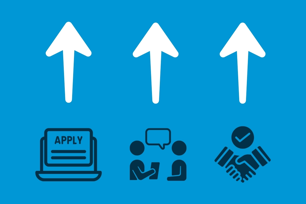 Icons of a job application, two people talking, and a handshake, all with arrows pointing up from them