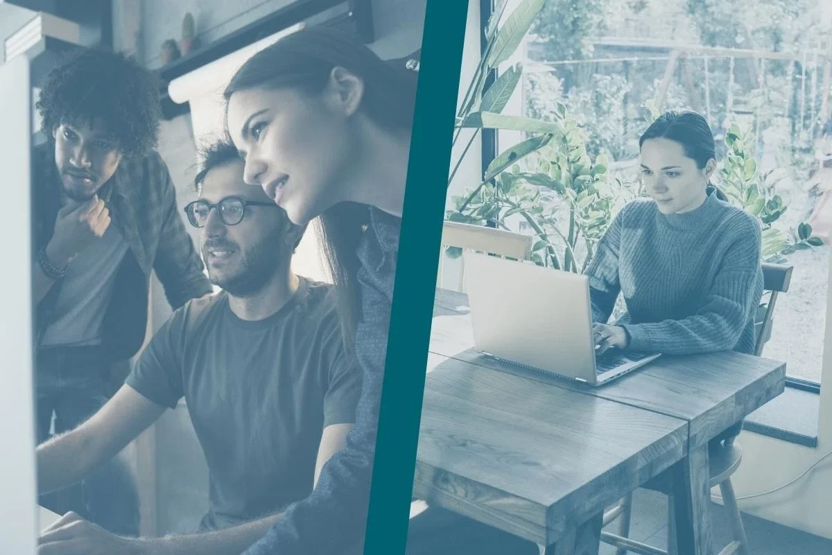 A group of people collaborating, separated from an individual working from home with a dividing line