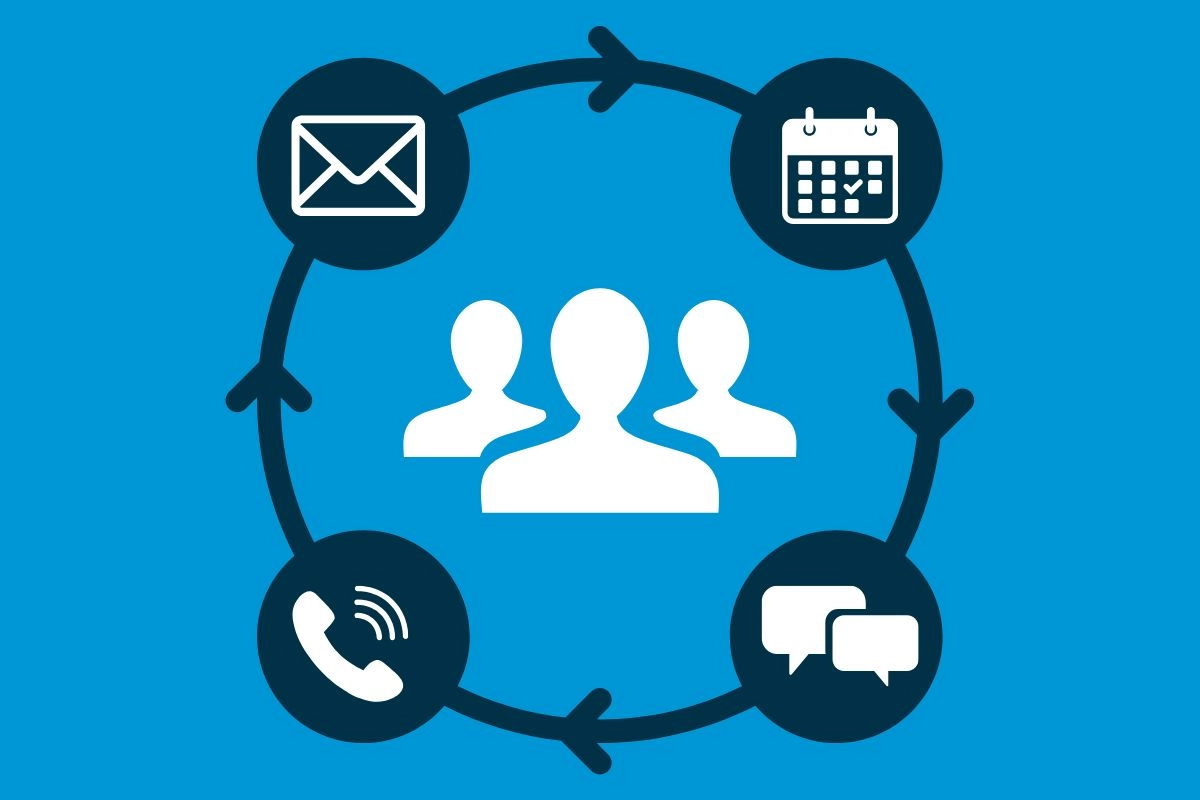 An icon of three people within a circle with four icons on top of it. The four icons include a phone, a calendar, a letter, and a group of two chat bubbles